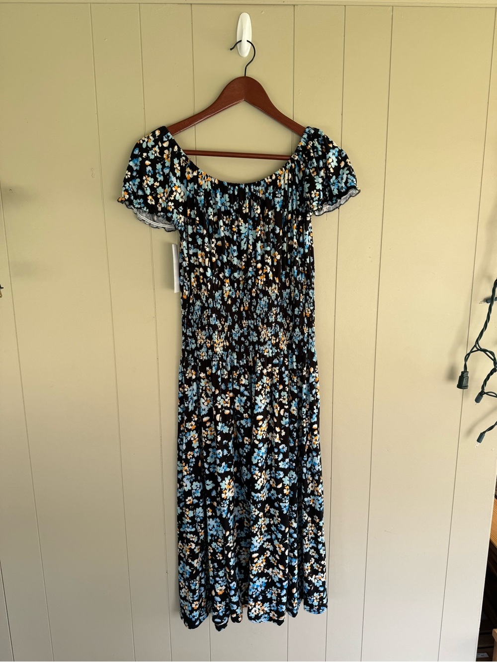 Off-Shoulder Black Floral Maxi Dress with Blue and Cream Blooms